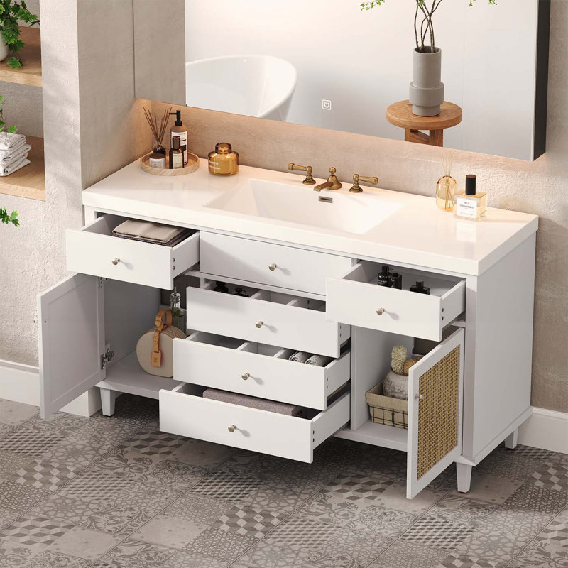 60-Inch Modern Bathroom Vanity with Sink,Large Storage,Soft-Close Drawers,Rattan Doors, White