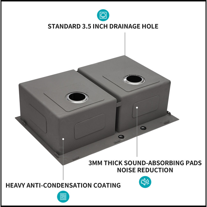 Évier de cuisine à double cuve (50/50) encastrable 33 po x 22 po x 10 po en acier inoxydable de calibre 16 avec deux cuves profondes de 10 po