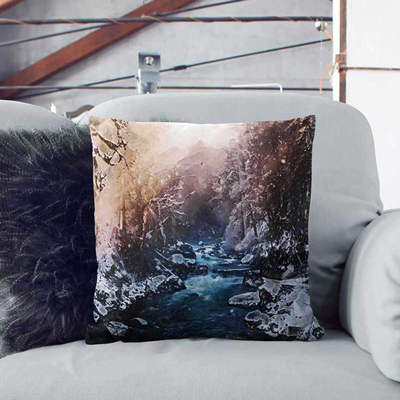 Winter Forest and Stream in Canada Cushion with Filling, Black, 40cm H x 40cm W x 15cm D
