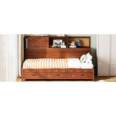 Twin Walnut Wooden Daybed With 3 Storage Drawers, Shelf, Sockets And For Tech - Comfortable Bedroom Decor Size Modern Relaxing Living Space