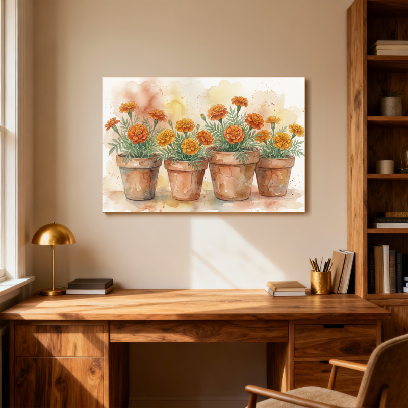Plantes et fleurs, pots de fleurs avec souci, art aquarelle, H 24 po x l 36 po