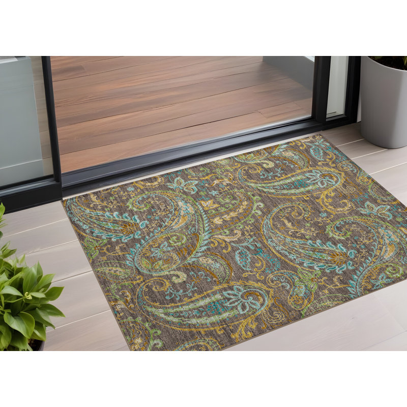 Tapis extérieur antidérapant lavable à motif cachemire chocolat 2 pi x 3 pi