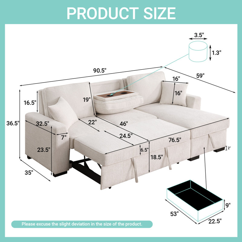 90.5" Wide Convertible Sectional Sofa Bed Chenille L-Shape Sleeper Couch with Flip-up Cup Holders & USB Ports & Storage Chaise for Living Room