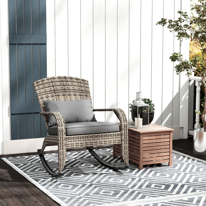Rocking Chair With High Back, Cushion & Pillow, Gray For Patio, Garden, Porch, Balcony Outdoor Pillow Cushion, Balcony,