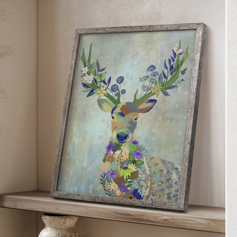 Fantastic Florals Deer, Portrait, reproduction encadrée - bois massif, H 21 po x l 17 po