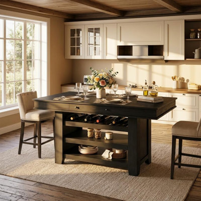 Rectangular Large Counter Height Dining Table with Storage for 4-6 | Wooden Bar Table with 2 Drawers, Deepened Wine Rack, 3 Tier Shelves, Sturdy Thick Frame, Wide Top, Dining Room, Retro Black