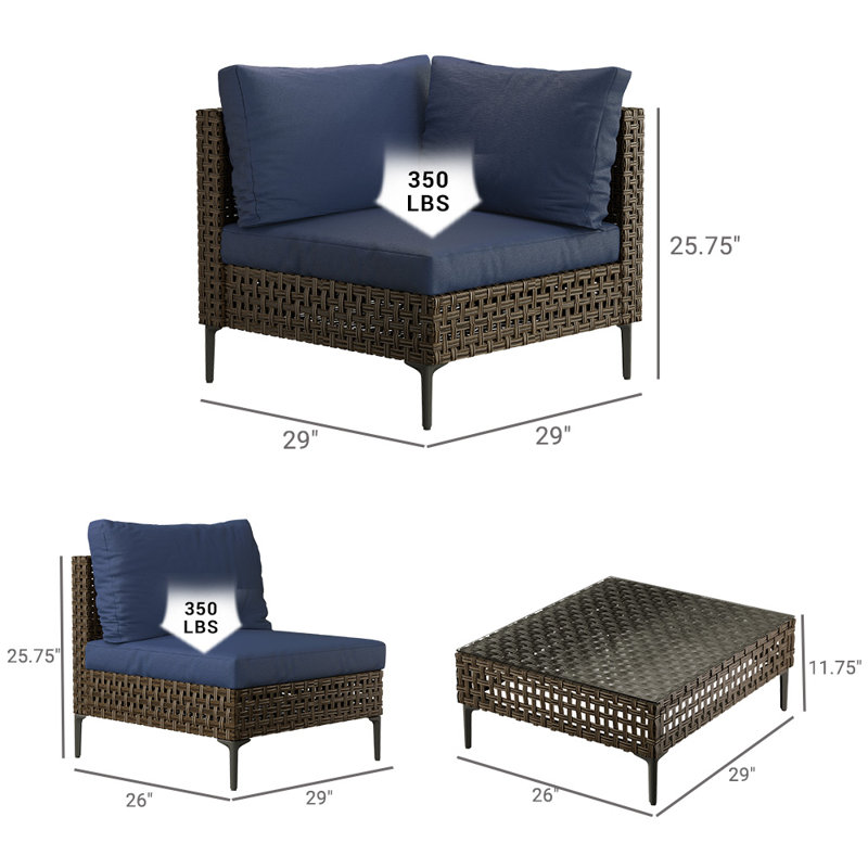 7 Piece Sectional Seating Group With Cushions, Brown, Blue