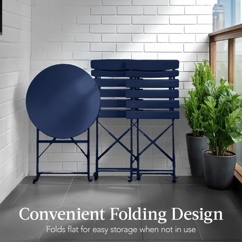  3-Piece Small Bistro Set, Folding Patio Furniture Set Of 2 Chairs And Table - Navy, Navy