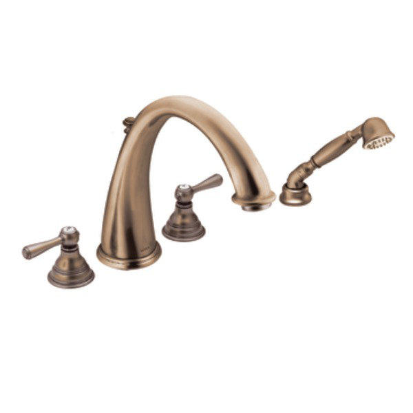 Garniture de robinet de baignoire romaine à fixation sur plateau à deux poignées avec douchette Kingsley, Bronze antique