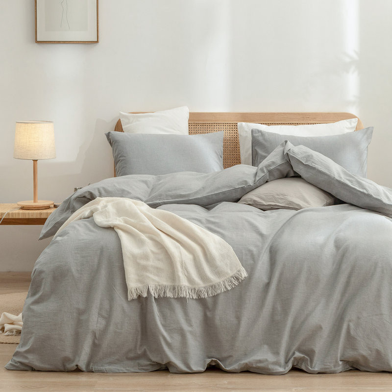 BESTOUCH Duvet Cover Set 100% Washed Cotton Linen Feel Lightweight, Twin Duvet Cover + 1 Standard Pillowcase, Ice Grey
