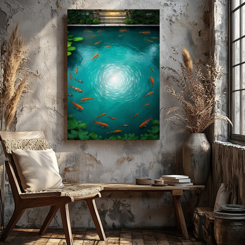 Toile, "Serene Pond Scene Captured From Above", art mural vibrant Koi, H 30 po x l 20 po
