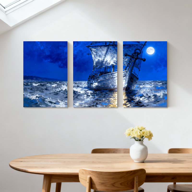 Nautique au clair de lune sur une mer orageuse, ensemble de 3 impressions sur toile, H 30 po x l 60 po