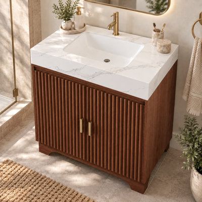 Meuble-lavabo autoportant de 76 cm (30 po) avec comptoir en pierre frittée et lavabo en céramique, armoire en contreplaqué à 2 portes avec tablette intérieure, façade cannelée et poignées dorées, brun noyer