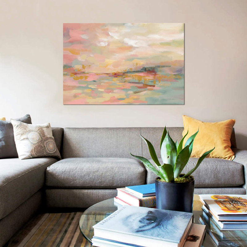 «Pink Waves» par Silvia Vassileva, reproduction sur toile tendue, H 26 po x l 40 po x P 1,5 po, Toile tendue, Pas de tapis