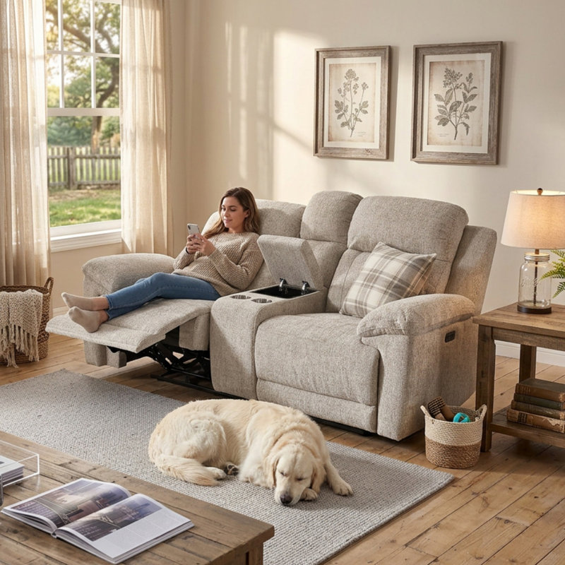 Callendale 79.5"W Power Reclining Sofa With Type-C, USB Charging Ports, Cup Holders, Light Gray