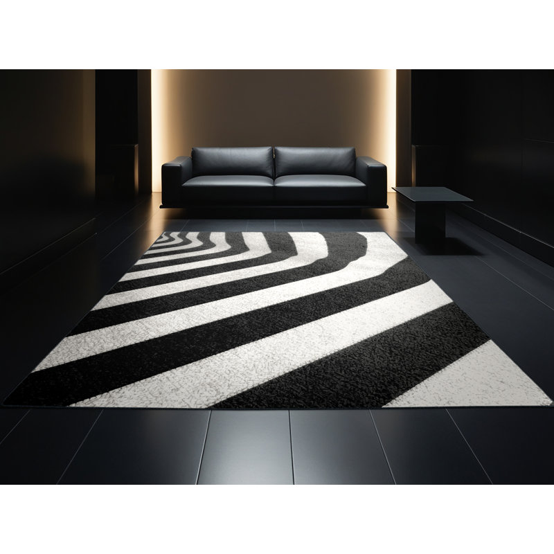 Machine Washable Pavla Classic Striped Rug in Gray – Black Binding, 2x4
