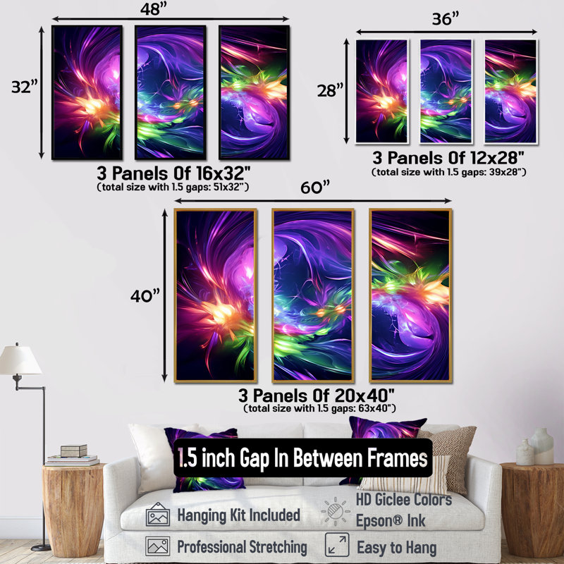 Mauve et vert fractal Fusion III - impression d'art mural fractal, Cadre flottant noir, H 40 po x l 61 po x P 1 po