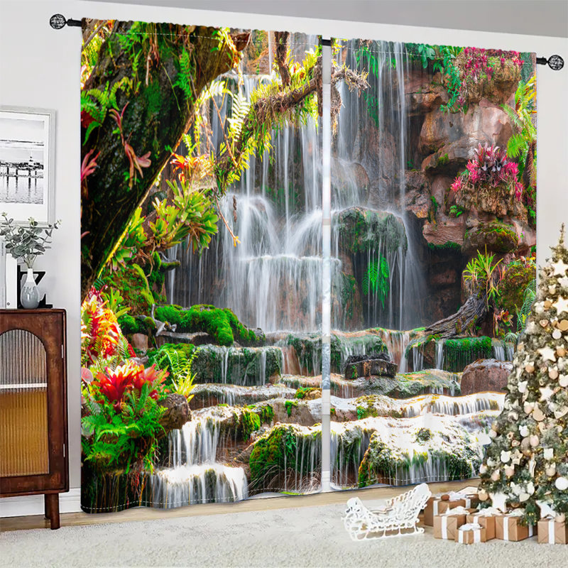 2Pcs Tropical Waterfall Landscape Curtains Nature Scenery Window Drapes Rod Pocket Sheer Curtain Panels Light Filtering Decorative Treatment for Living Room Bedroom Kitchen Dining Decor