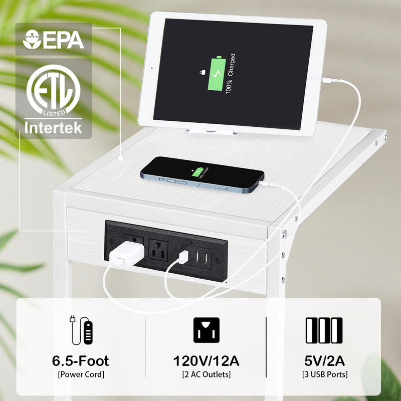 Ensemble de 2 tables d'appoint en forme de C avec station de charge Table de bout blanche avec prise de courant pour salon