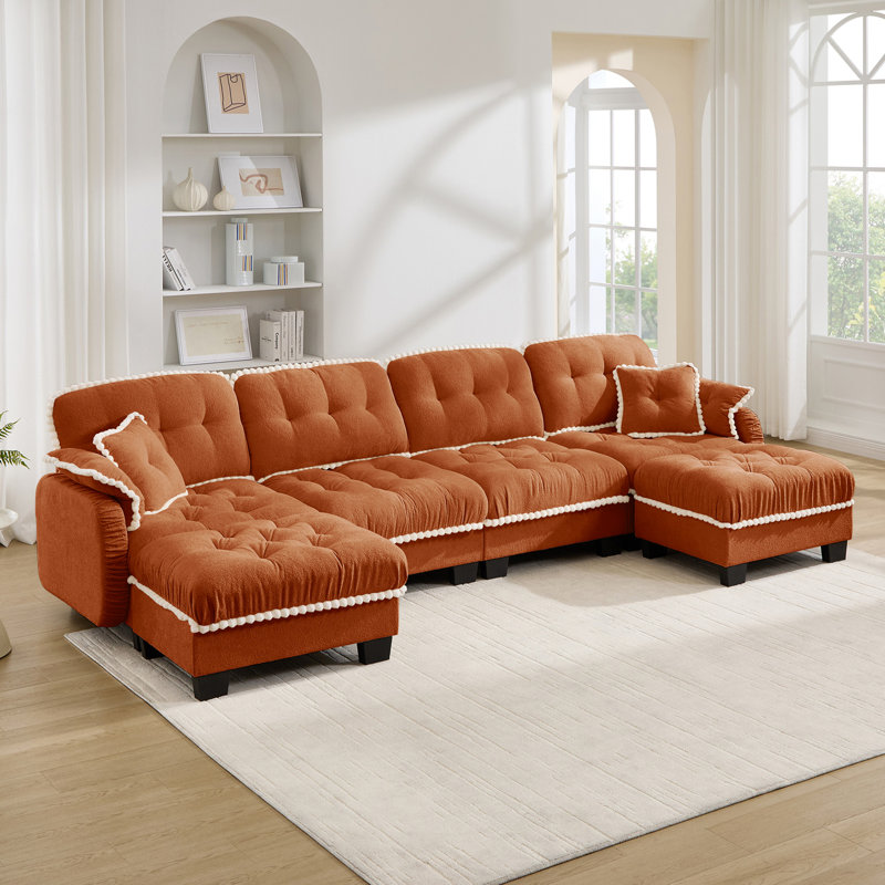 Canapé en forme de U en chenille avec 4 coussins, repose-pieds mobile à garniture pom-pom capitonnée, conception ergonomique, canapé à assise profonde facile à assembler pour le bureau du salon, appartement, orange