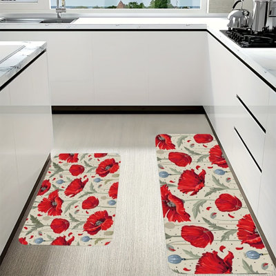Red Poppy Kitchen Mats, 2 PC, for Kitchen & Dining Room