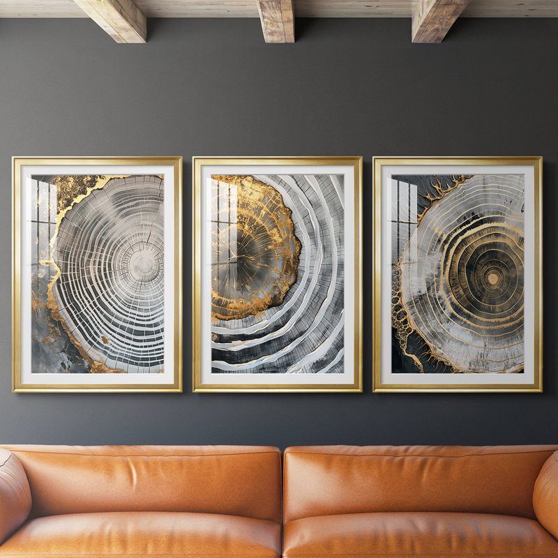Série ABSTRACT CCLI - Impression sur mesure encadrée de qualité supérieure - 3 pièces, H 30 po x l 63 po, Gold