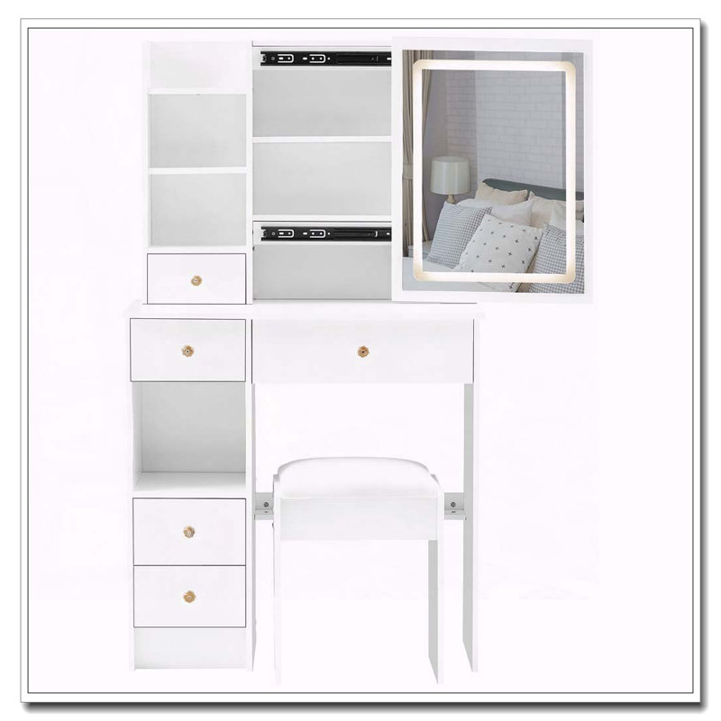 29.2" Small Space Vanity Table with LED Mirror, Stool and High Capacity Storage, White