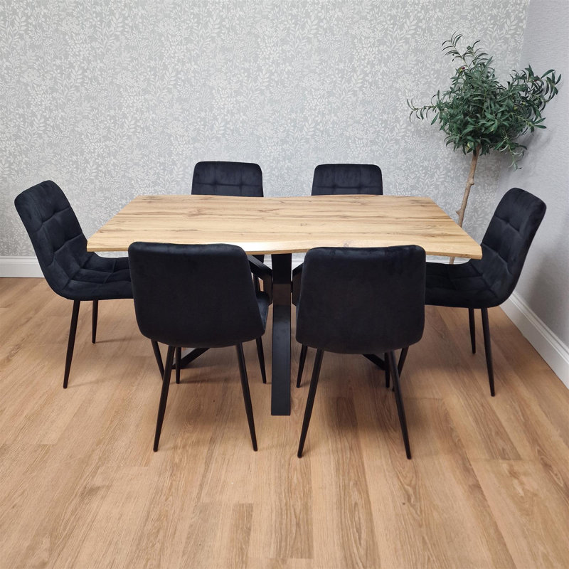 Wooden Brown Dining Table with 6 Velvet Chairs, Stylish Dining Room Furniture, Black