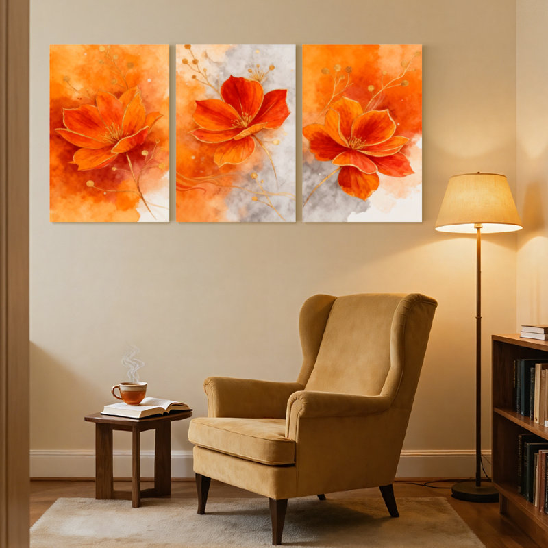 Plantes et fleurs, aquarelle, ensemble de 3 reproductions d'art sur toile, H 24 po x l 48 po