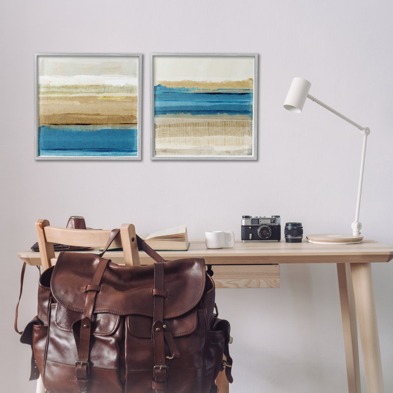 Ensemble de 2 estampes abstraites bleues et dorées par Flora Kouta, Estampe numérique Farmhouse, H 17 po x l 17 po