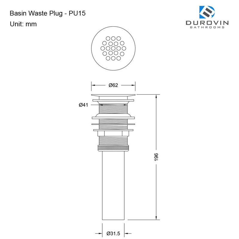  Chrome Filter Basin Waste Plug - Unslotted Suitable For Bathroom Sink Without Overflow