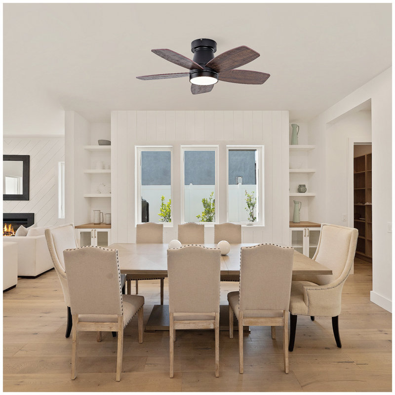 Ventilateur de plafond à 5 pales de 35 pouces, ventilateur de plafond moderne avec pales en bois massif et éclairage à DEL. Convient pour la cuisine, le salon et la terrasse, noir