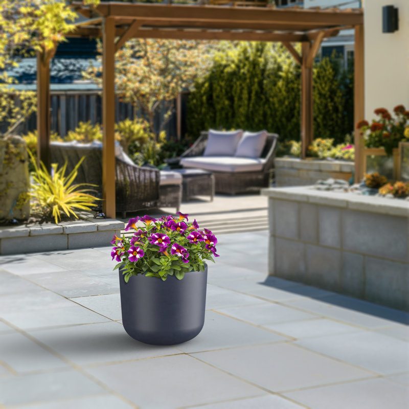 13,5 po Pot à fleurs moyen rond en béton avec trous de drainage, Gris granit (intérieur de qualité supérieure)