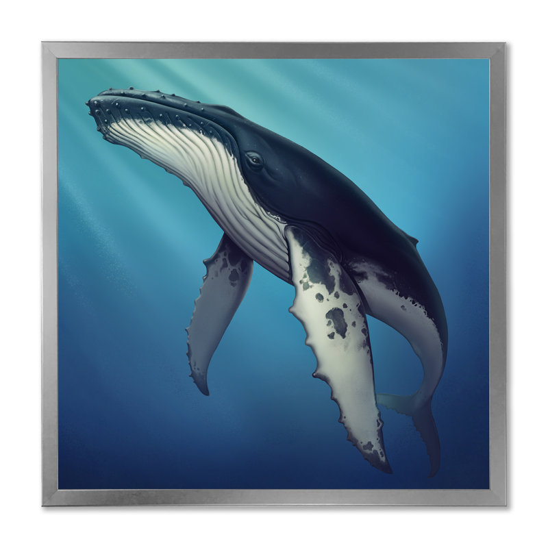 Baleine dans l'océan II - Peinture, H 16 po x l 16 po x P 1 po, Cadre photo argenté
