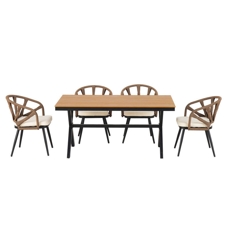 Contemporary Outdoor Set With PE Rattan Chairs And Plastic Wood Table,Suitable For Gardens And Lawns, Light Oak