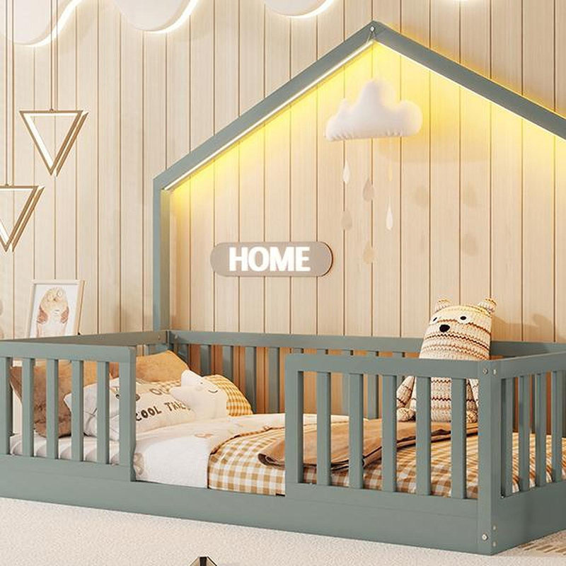 Lit simple à plancher surélevé, lit Montessori en bois avec lumière pour enfants, garçons et filles, gris, Gris