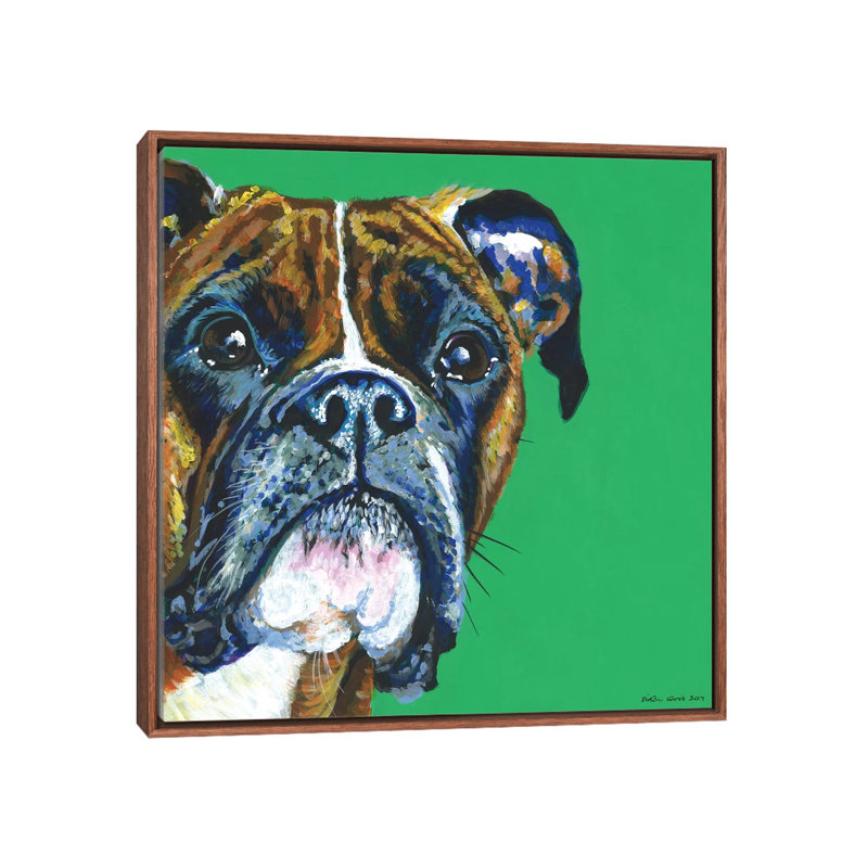 Boxer On Emerald, Square by Kirstin Wood - Painting on Canvas, Classic Brown Wood Framed, 66.04 cm H x 66.04 cm W