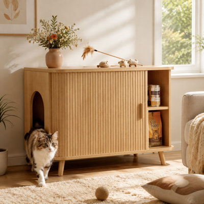 Oak Finish Hidden Cat Litter Cabinet With Storage & Multipurpose Side Table