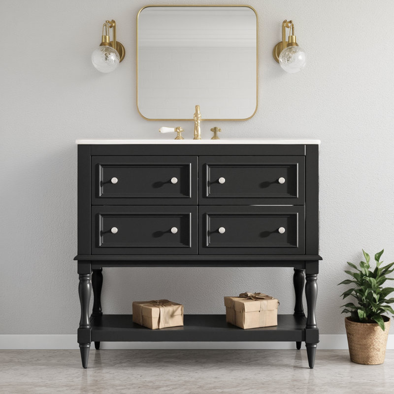 Ensemble de meuble-lavabo de 6 pouces avec lavabo encastré en céramique: structure en bois massif, conception autoportante avec 4 tiroirs, noir