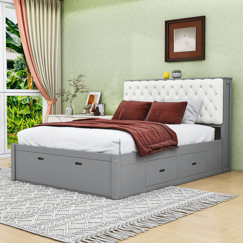 Grand lit plateforme en bois avec tête de lit et rangement pour chaussures, Gris
