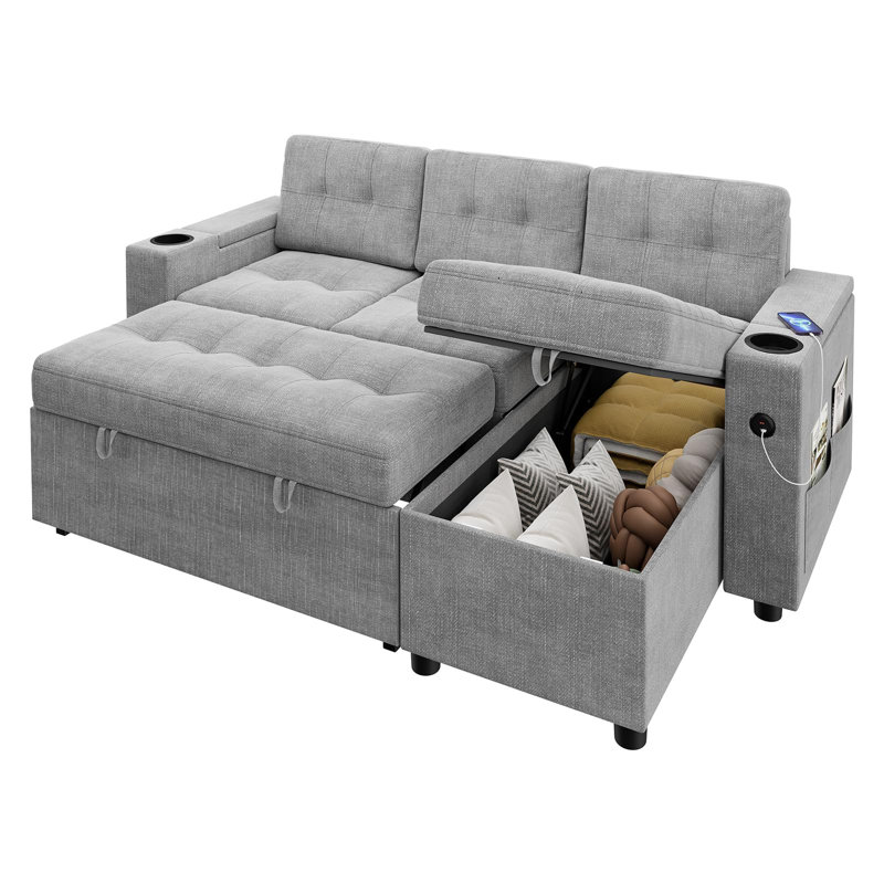 Canapé-lit, canapé-lit de 84 po avec lit escamotable, canapés confortables pour le salon avec 2 ports de chargement et 2 accoudoirs de rangement, 2 porte-gobelets et poches latérales inclus
