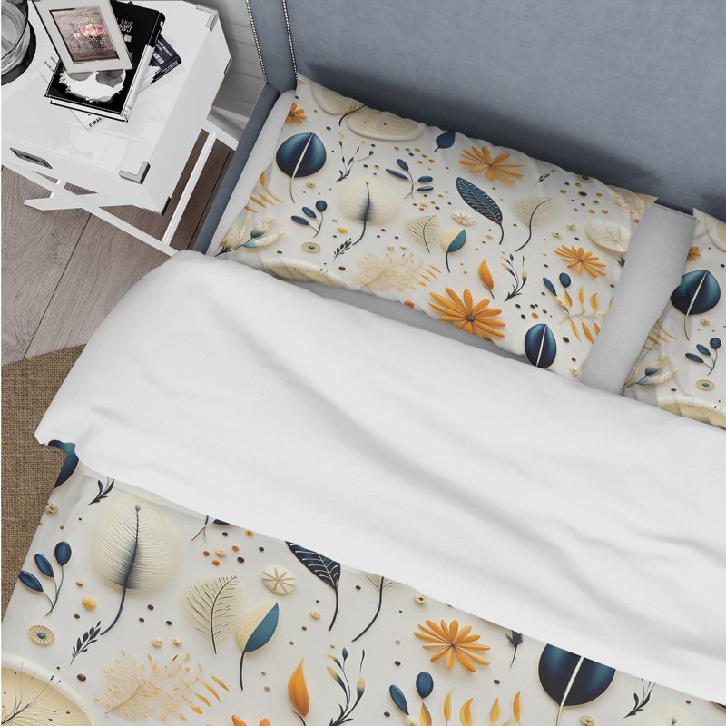 Literie à motif de fougères bleues et blanches, Housse de couette simple + 1 taie décorative stan