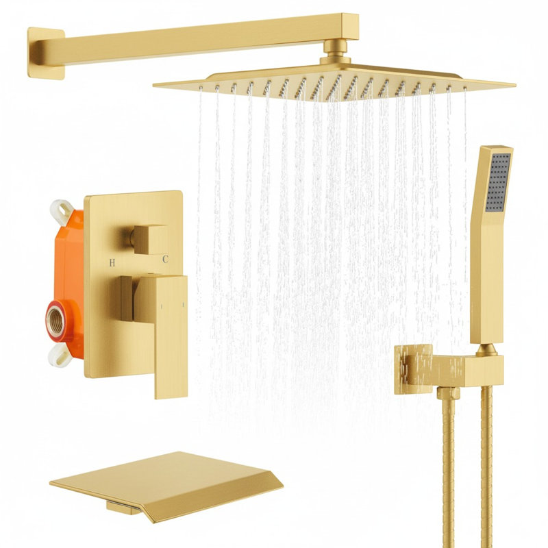 Rain Shower System Brushed Gold, Tub Shower Faucet Set 10 Inch Square Rainfall Shower Head With Handheld Sprayer And Waterfall Tub Spout Pressure Balance