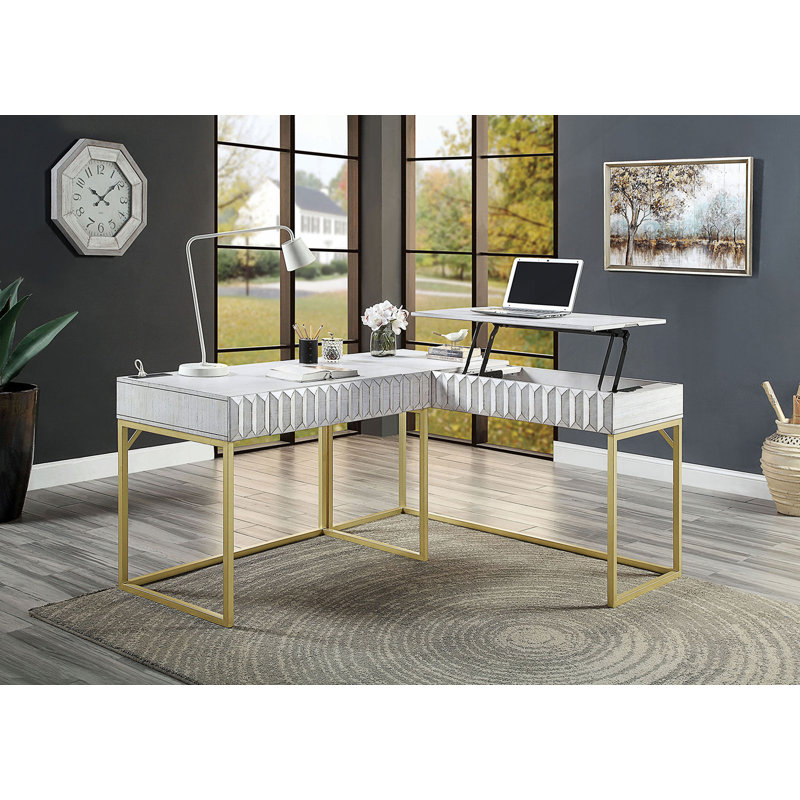 Bureau d'ordinateur transitionnel deux tons avec port USB et plateau relevable, Antique White/Gold