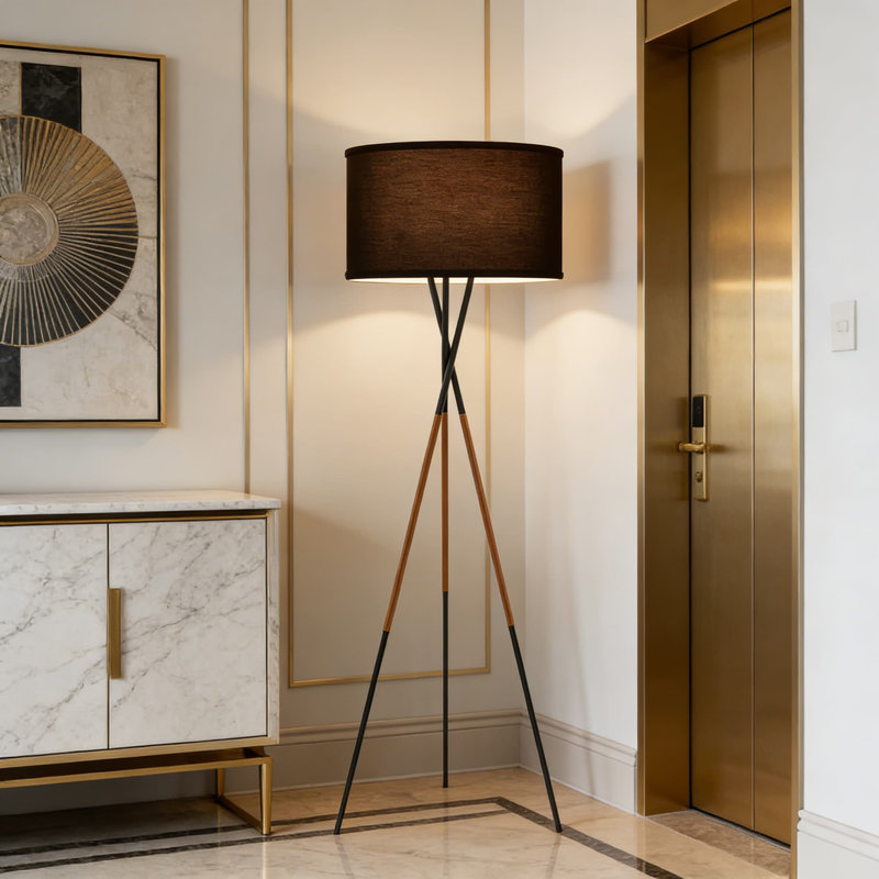 Lampe trépied moderne Mid-Century avec pieds décoratifs en cuir et abat-jour tambour noir, ampoule écoénergétique de 9 W incluse