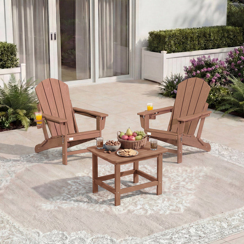 Set of 2 Adjustable Adirondack Chairs, 3-Level Wooden Textured HDPE Folding Chairs with Cup Holders for Outdoor Use at Beach, Patio, Garden, Backyard, and Campfire, Brown