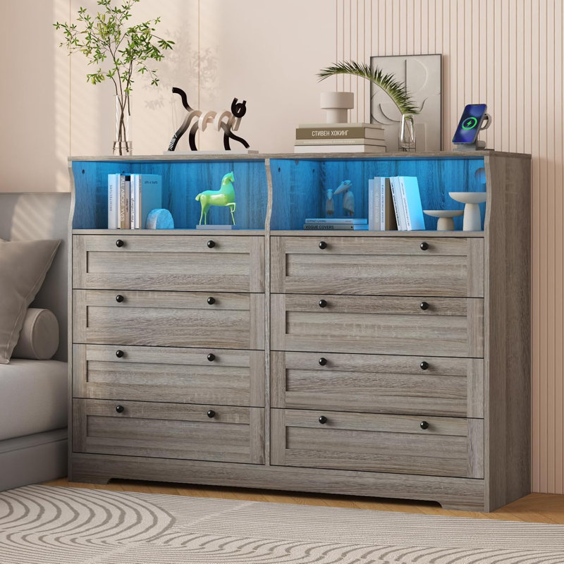 55" W Dresser For Bedroom, 8 Drawer Dresser With Led Lights And Charging Station, Gray