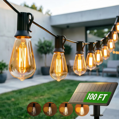 100FT Solar ST38 String Lights Outdoor, 2700K Warm White Patio Lights with 24 Shatterproof Vintage ST38 LED Filament Bulbs, Dimmable Waterproof Edison Hanging Light with 19*11cm Solar Panel for Backyard Deck Garden Roof