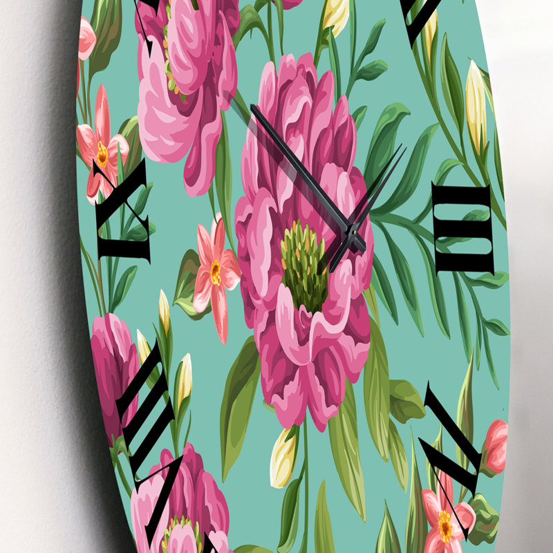 Fuchia fleurs sur vert VIntage - Horloge murale traditionnelle, Petit