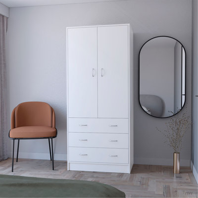 Armoire FM avec mobilier 2 portes, 3 tiroirs et 1 tringle, blanc Prescott